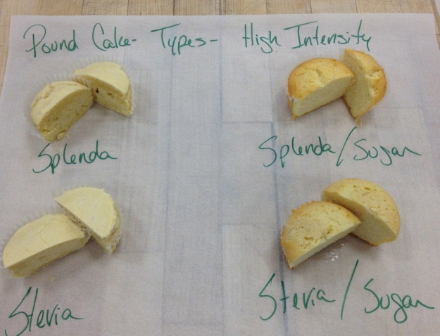 Here's a comparison of cakes made just with Splenda or Stevia, and cakes made with a 50/50 blend of sugar and one of these sweeteners.